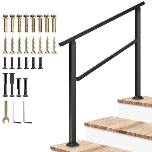 VIVOSUN Handlauf für den Außenbereich, 3-4 Stufen, Treppenhandlauf, 101,6 x 91,4 cm, passend für 1 bis 4 Stufen, Schmiedeeisen-Handlauf für Betonstufen, Veranda-Stufen, Schwarz