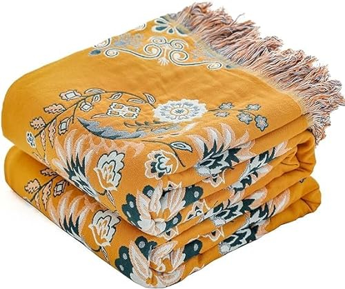 HOORDRY 100% Baumwolle Decke 230 x 250CM Boho Tagesdecke Doppelseitig Kuscheldecke Sofaüberwurf Wendedecke Couchdecke Sofadecke mit Blumen Muster,Gelb/Grün