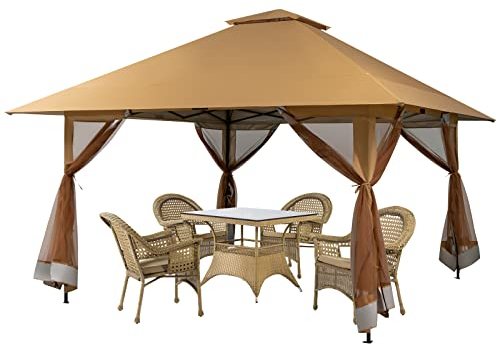 COSTWAY 4x4m Pavillon, Gartenpavillon mit Netzseitenwänden, UV-Schutz 50+, Pop-Up Faltpavillon höhenverstellbar, inkl. Tragetasche mit Rollen, für Garten, Terrasse, Hinterhof (Khaki)