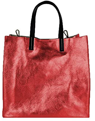 FrasiBags Einkaufstasche für Damen aus echtem Leder, Einkaufstasche aus echtem Metallic-Leder, hergestellt in Italien, rot, 35x37x17