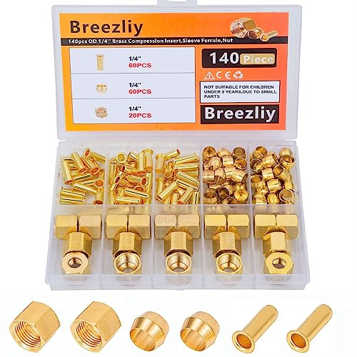 Breezliy Kit surtido de accesorios de compresión de 1/4 pulgadas, 60 casquillos de manga de compresión de latón, 60 insertos de latón y 20 tuercas, se utiliza para conectar líneas para aire, agua,