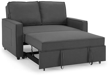 Home Detail Faux Leather Pull Out Sofa Bed Two Seater SofaBed Upholstered Settee in Linen Fabric Grey or Blue (Grey Linen)