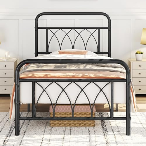 Yaheetech 3ft Single Bed Frame Metal Platform Bed with Petal Accented Headboard/Ample Underbed Storage/Solid Slatted Bed Base/No Box Spring Needed Black Single Bed
