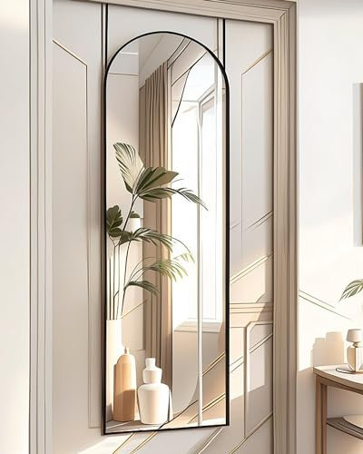 BEVERDY Full Length Mirror Over The Door, 14x 48 Arched Vertical Wall Mirror for Full Body, Hanging Door Mirror, Black