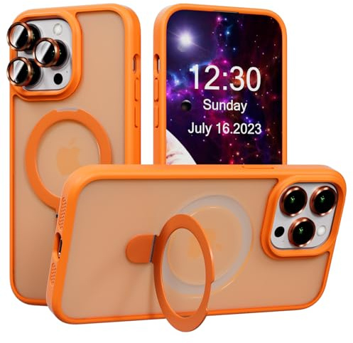 AKABEILA Case for iPhone 13 Case with 3 Pcs Camera Lens Protector Frosted Matte Phone Case Cover Wireless Charging Magnetic Ring Stand 6.1 Inch Orange