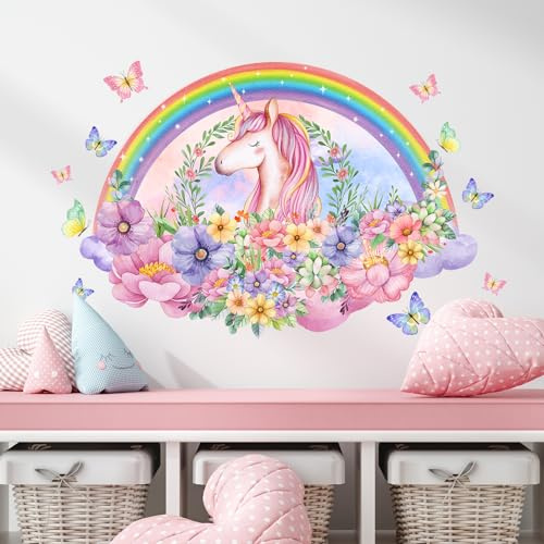 Tanlaby Rainbow Unicorn Wall Stickers Rainbow Flowers Wall Art Decals Self-Adhesive Colourful Flowers Butterflies Wall Murals for Girls Bedroom Baby Nursery Kids Bedroom Decoration
