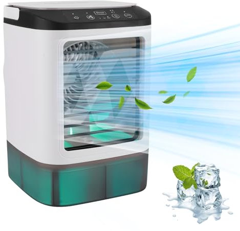 Portable Air Conditioner Personal Mini Air Cooler Evaporative Ventilator 900ml Double Atomization Desktop Ice Cube Cooling Fan Quiet Evaporative Coolers with Colorful LED Light,3 Wind Speeds