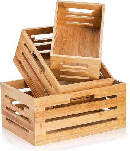 YOUEON Set of 3 Bamboo Nesting Crates with Handles, 14.6/12/9.5 Inch Bamboo Crates for Storage and Rustic Decor, Decorative Storage Crate Box for Kitchen, Pantry, Office