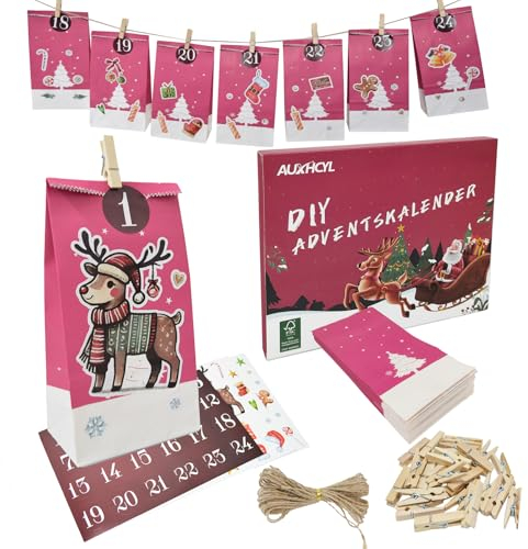 AUXHCYL Adventskalender zum Befüllen Tüten, 2025 Weihnachtskalender Selber Machen, 24 Pcs DIY Adventstüten Säckchen, Adventkalender Selber Basteln für Kinder & Erwachsene(Rot)