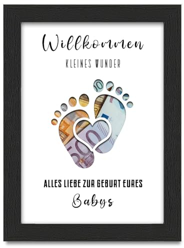Geldgeschenk Baby, Originelle Bilderrahmen Geldgeschenk, Geschenke zur Geburt Mädchen Jungen, Glückwunschkarte zur Geburt, Gutschein Geburt Baby, Geschenk Taufe, Schwarz