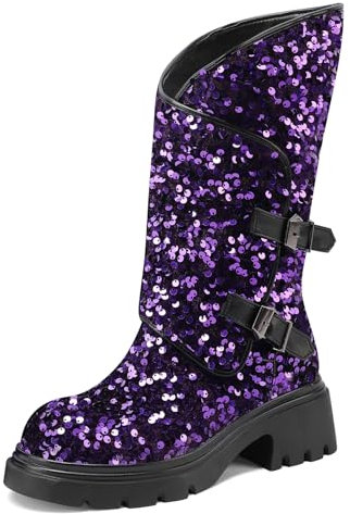 Donna Stivali Piatti Brillantini Tacco Medio Stivaletti Punta Rotonda Senza Chiusura Moda Vestito Polacchine, P165357Bn Viola Numero 41 EU/43Cn