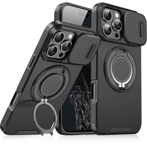 BAFUGU Cover Magnetica per iPhone 16 Pro, Compatibile con MagSafe, Custodia Protezione Fotocamera Scorrevole, con Rotazione a 360° supporto a cerchio nascosto, Cover antiurto-Black