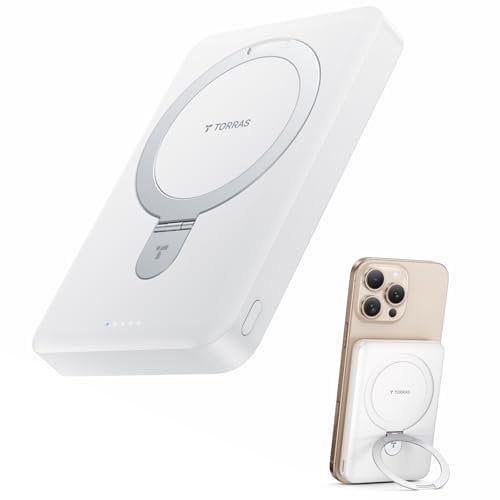 TORRAS 10000 mAh Magnetic Power Bank with Magsafe Quick Charge and O Stand, Portable Battery Charger 22.5 W PD Wireless Fast Power Bank, for iPhone 16 Pro Max, Pro, 15, 14, 13, 12, White