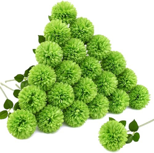 Floweroyal 24pcs Green Flowers Artificial Chrysanthemum Ball Silk Hydrangea Flowers Bridal Wedding Bouquet for Home Garden Party Office St Patricks Day Decor