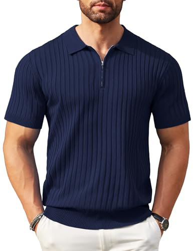 COOFANDY Polo Shirts for Men Adult Short Sleeve Zip Polos Summer Knitted Casual Striped Office Polo Shirt Navy Blue XXL