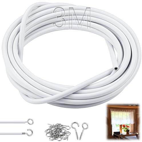 SWTYExt Gardinenseil 3 m Gardinendraht Vorhang Seil Vorhangdraht Vorhangseil Kunststoffbeschichteter Vorhang Seilspannsystem mit 8 Paar Haken Schraubenösen für Netzvorhang Duschvorhänge Vorhänge DIY