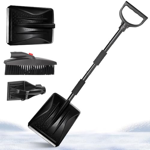 Schneeschaufel, Schneeschieber Set mit Schneeschaufel, Eiskratzer und Besen, Tragbares Schneeräumer aus Edelstahl mit Verstellbarer Griff, für Garten, Camping, Outdoor, Schneemannspiele (B)