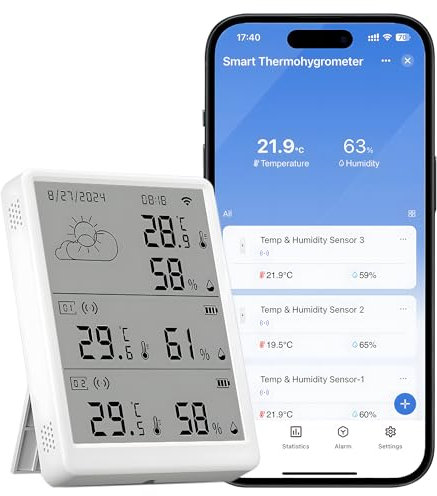 Comboss WiFi-Hygrometer Thermometer Sensor, Temperatur und Luftfeuchtigkeits per App, 100m Reichweite, kompatibel mit Alexa (Basisstation)
