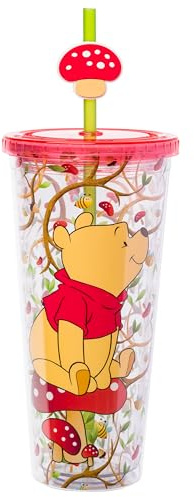 Silver Buffalo Disney Winnie The Pooh Mushrooms Plastic Cold Cup with Lid and Straw Topper, 24 Ounces