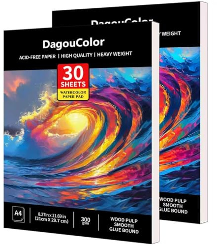 DagouColor Carta per Acquerello, A4, 2 Pack, 30 Fogli Carta da Disegno Libro, 300gsm Acido-Libero Pad per li Artisti Adulti Principianti