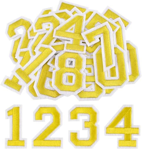 Morcheiong 40 Pcs Iron on Number Patches 0-9, 2 Inch Iron on Embroidered Numbers for Clothing, Pants, Hats, Bags- Yellow