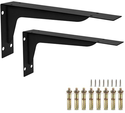Heavy Duty Wall Shelf Brackets – 2 Pack Black 12 Inch L-Shaped Black Iron Shelf Supports with Fixings – Metal Brackets for Workbench, Garage Shelving, Tool Storage, Long Floating Shelf Boards