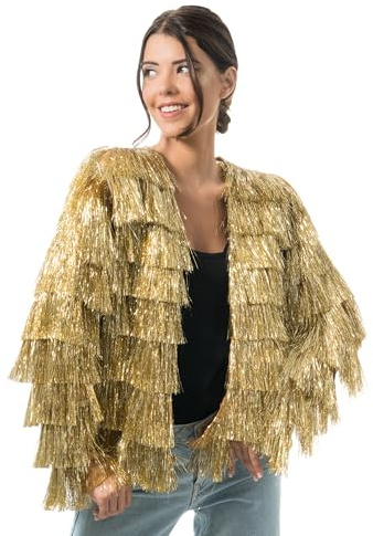 Chaks - Lametta Jacke Damen Metallic für Festival und Party | Fransenjacke mit offenem Schnitt, Disco-Look, Festival, Mottoparty, Karneval, Silvester