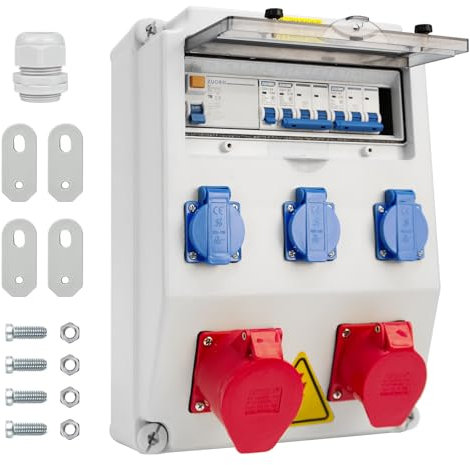 Wandverteiler mit FI-Schutzschalter, Baustromverteiler 32A mit Fi Schalter Typ A, 40A 30mA RCBO Wandverteiler Stromverteiler Wasserdicht für Verteilerkasten(16A 1P LS+16A 3P LS+32A 3P LS+30mA RCBO)
