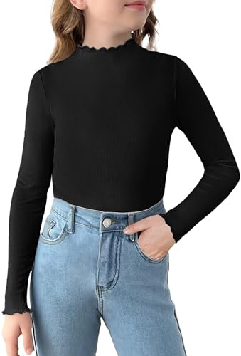 Arshiner Langarmshirt Mädchen Halber Rollkragenpullover Rüschen Strickshirt | Oberteile,Kinder Basic Shirts,Slim Fit Unterhemd,5-12 Jahre