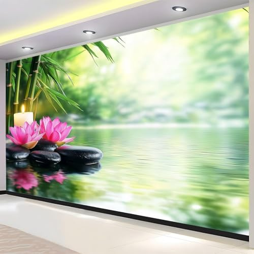 Buohwiwe Papier Peint Panoramique Thème Zen Mural 350x256 cm 3D Papier Peint Intisse Pierre de Bambou Fresque Murale Chambre Coucher Salon Décoration Photo Poster Geant Murale q.3296