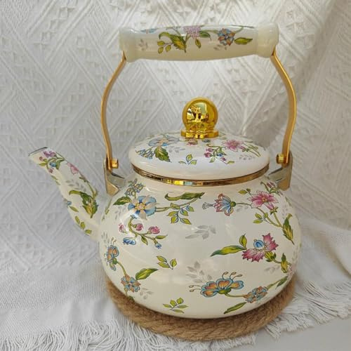 Bouilloire à thé vintage en émail avec poignée froide pour cuisinière de cuisine - Motif floral - En porcelaine émaillée