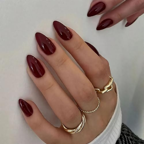 Almond False Nails Medium, 24Pcs Wine Red French Tip Press on Nails Glossy Pure Color Gel Fake Nails, Elegant Burgundy Full Cover Acrylic Oval Stick on Nails Reusable for Women Girls Nail Art DIY