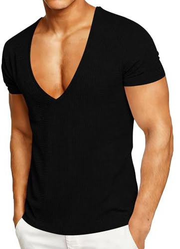 Tee Shirt Homme Manche Courte Tshirt Ete T-Shirt Couleur Unie Vetement Col V Habit Fitness Haut Golf Vêtements Running Teeshirt Musculation T-Shirts