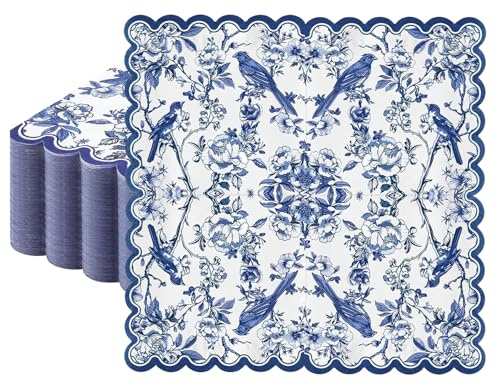 Floruvia 100 Stück Blaue Scalloped Servietten, Vögel Blumen Muster Einweg Cocktail Dessert Servietten Vintage Chinoiserie Servietten für, Baby Shower, Geburtstag