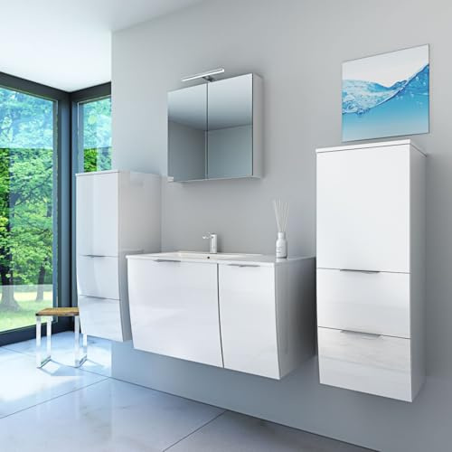 AcquaVapore by Sandra Jentho Badmöbel Set Gently 1 V3 Weiß MDF Waschtisch 90cm mit 5W LED-Strahler/Energiebox
