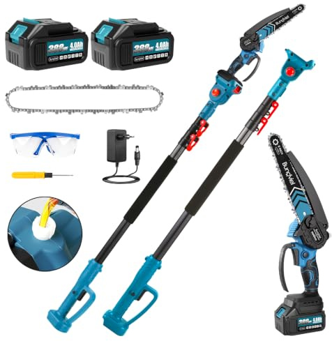 2-in-1 Akku Kettensäge Teleskop Astsäge Elektro Kettensäge Kompatibel mit Makita Akku, 8 Zoll Bürstenlos Mini Astsäge Akku, 2x4000mAh Batterien, 4,6m Arbeitshöhe, Öltank für Garten Baumschnitt