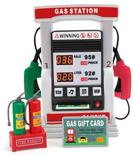 Ginwrek Gas Station Toy Kids Gas Pump, Interactive Station Dual Nozzle Educational Fun Pretend Play Toy with Digital Displays & Sound for Girls Boys, Grey