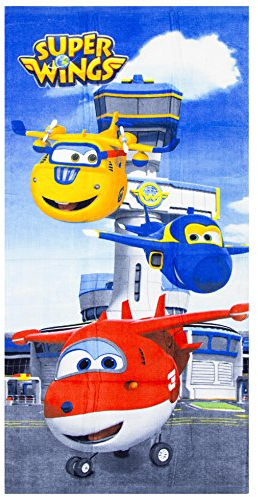 Super Wings Strandtuch mit Jett, Donnie und Jerome für Kinder, 70 x 140 cm Blau