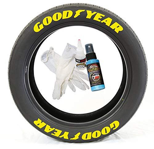 Tire Stickers Goodyear mit Flügelfuß – DIY Permanent Gummi Reifen Lettering Kit mit Kleber / NASCAR Stil / 17-18 Zoll Räder / 1,25 Zoll / Gelb / 8 Pack