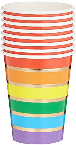 Ginger Ray Rainbow & Gold Foiled Party Paper Cups Tableware 8 Pack, 7.5 x 7.5 x 14.5 cm