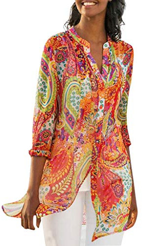 Lazzboy Women T-Shirt Tops Plus Size Chiffon Ethnic Floral Flower Print Beach Style Vintage Daily Ladies Loose Blouse(2XL(16),Orange)