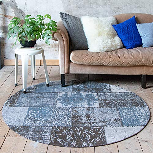 FRAAI | Home & Living Teppich Patchwork Rund - Dreams Grau Blau - Baumwolle - Flachgewebe - Vintage, Patchwork - Wohnzimmer, Esszimmer, Schlafzimmer - Carpet