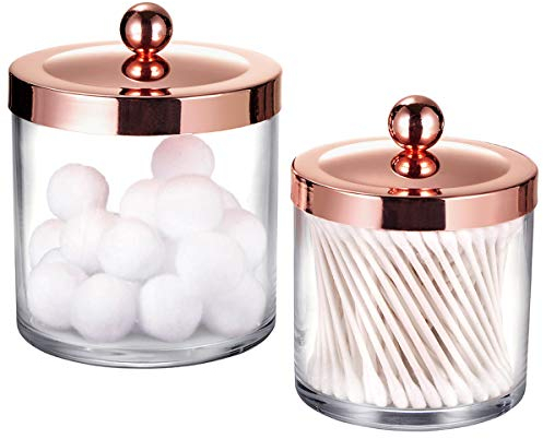 SheeChung 2 Pack Premium Plastic Apothecary Jars - Qtip Holder Bathroom Vanity Kitchen Countertop Storage Organizer Canisters for Cotton Balls, Cotton Swabs, Candy, Makeup Sponges(rose gold)