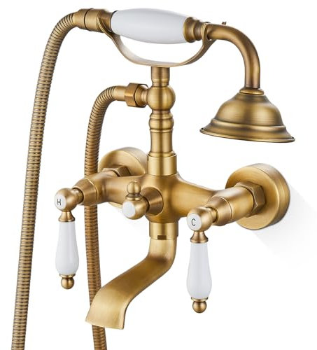 Airuida Antique Brass Wall Mount Bathtub Faucet with Ceramic Handheld Shower Sprayer Double Ceramic Lever Handles Bathroom Tub Faucet Hot and Cold Water Mixer Tap Vintage Style