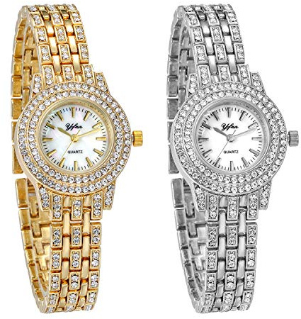 JewelryWe Damenuhr Armbanduhr mit Strass Muschel Ziffer Metallarmband Analog Quarz Uhr für Frauen Silber/Gold
