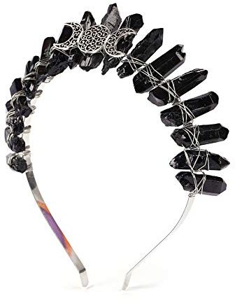 Bubbmi Schwarzes rohes Kristall-Tiara-Kronen-Stirnband, natürlicher Quarz, Mondgöttin, Hexe, Kopfschmuck für Wicca, Cosplay, Party, Kopfbedeckung