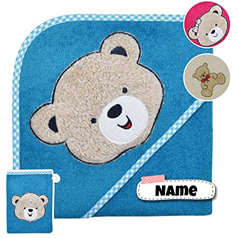 Baby Kapuzenhandtuch Set mit Waschlappen | Baby Handtuch 80 x 80 cm Kapuzenbadetuch | personalisiert mit Name | Baby Badetuch Bestickt mit Namen | Jungen Mädchen (Teddy Petrol)