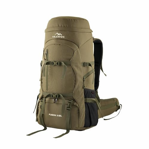 TRAWOC Fusion X 50L Interner Faserrahmen Reisetasche vorne und oben offener Rucksack für Wandern, Trekking, Camping, Rucksack, Olivgrün, 50L, Casual