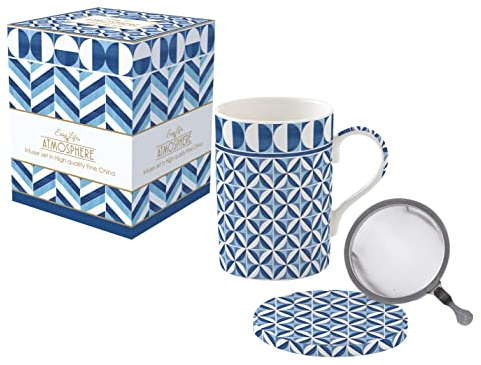 Teebox aus Porzellan, 35 cl, mit Filter, Edelstahl, Geometric Blau