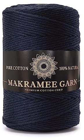 Makramee Garn. Baumwollgarn Kordel. 100% Natur Baumwoll-Kordel. Perfekt für Basteln, DIY, Handwerk & Stricken. 100% Natur Baumwollgarn, Dicke Macrame Cord (Marineblau, 3mm/200m)